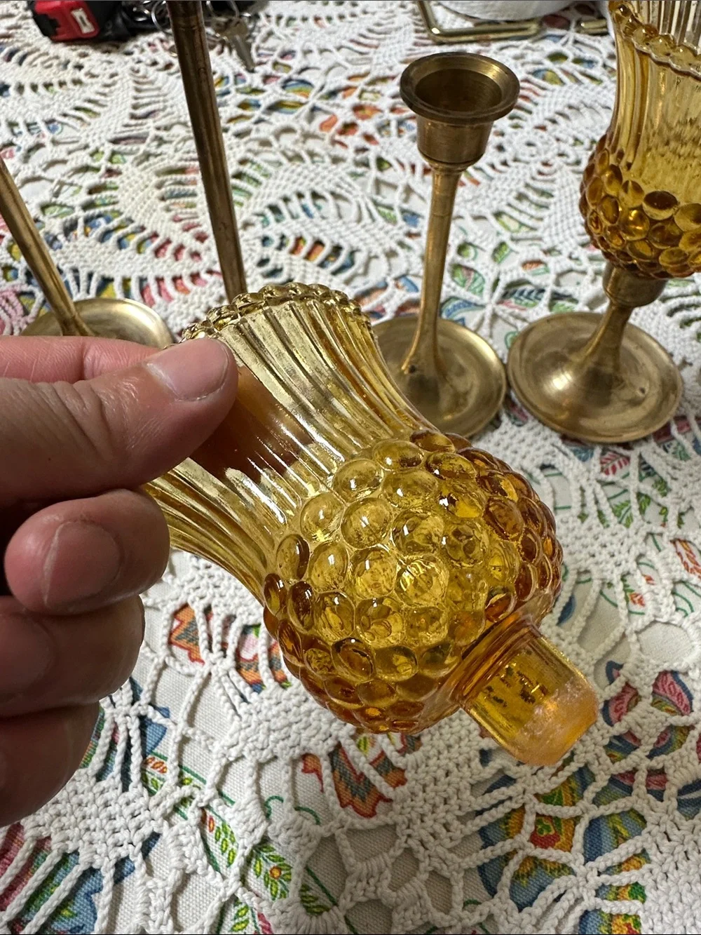 Amber Glass and Brass Candle Holders Set - Elegant Home Accents